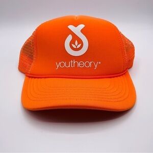 YOUTHEORY Trucker Hat One Size OSFM Orange Snap Back Vented Cap Logo NEW
